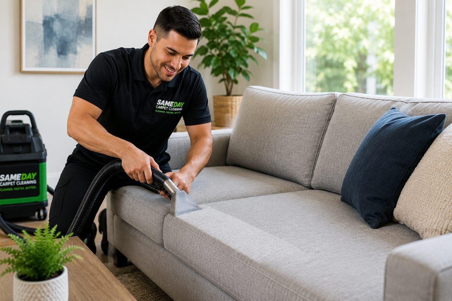 Upholstery cleaning technician deep cleaning a sofa in an NYC apartment